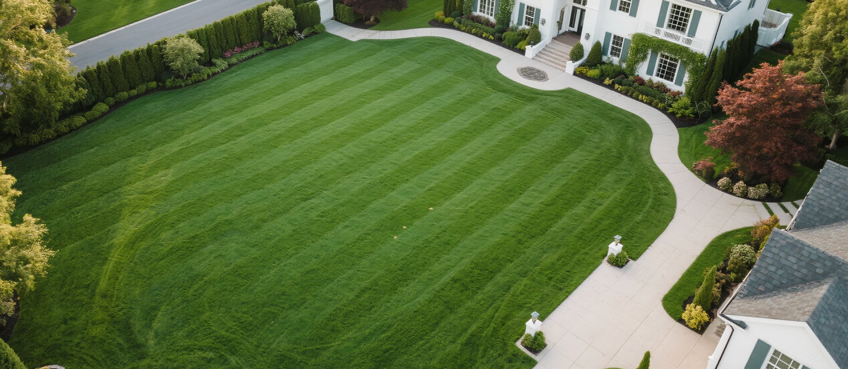 Top-down view of Lymow robot mower covering a large, beautifully striped residential lawn